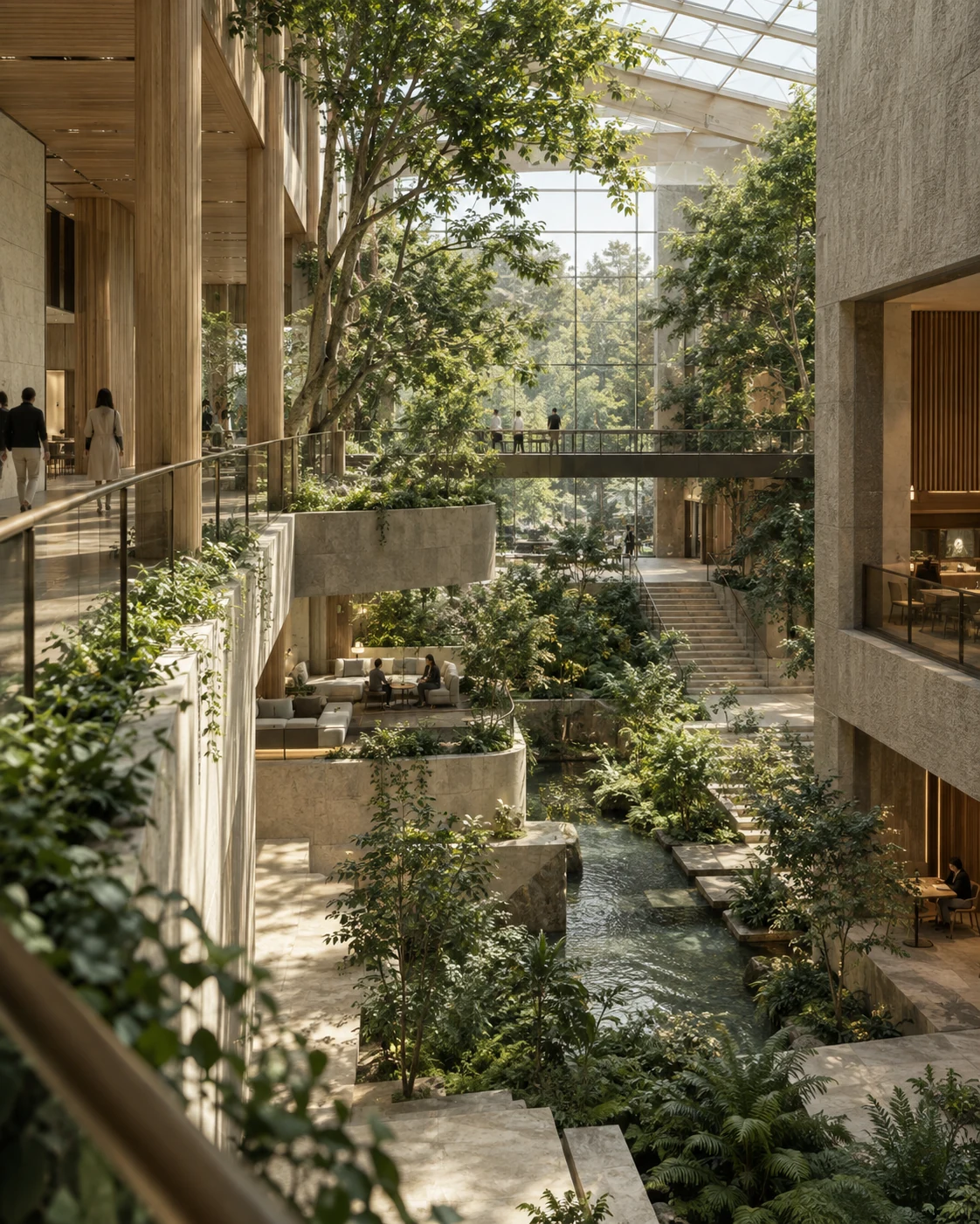 A sunlit timber-and-stone institute atrium filled with mature trees and a quiet water garden.