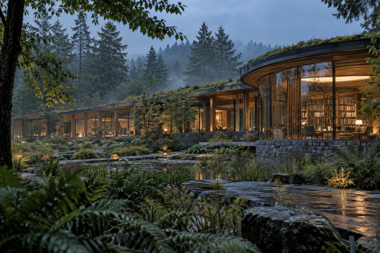 A warmly lit woodland research pavilion with a living roof after rain.